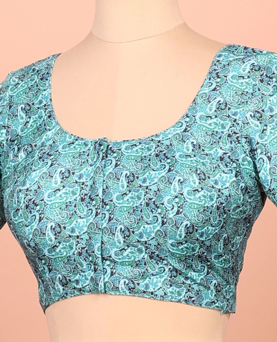 Blue Readymade Blouse Featuring Paisley Print, a Front Round-Neck, Back Round-Neck, and Elbow Sleeves - Image 3
