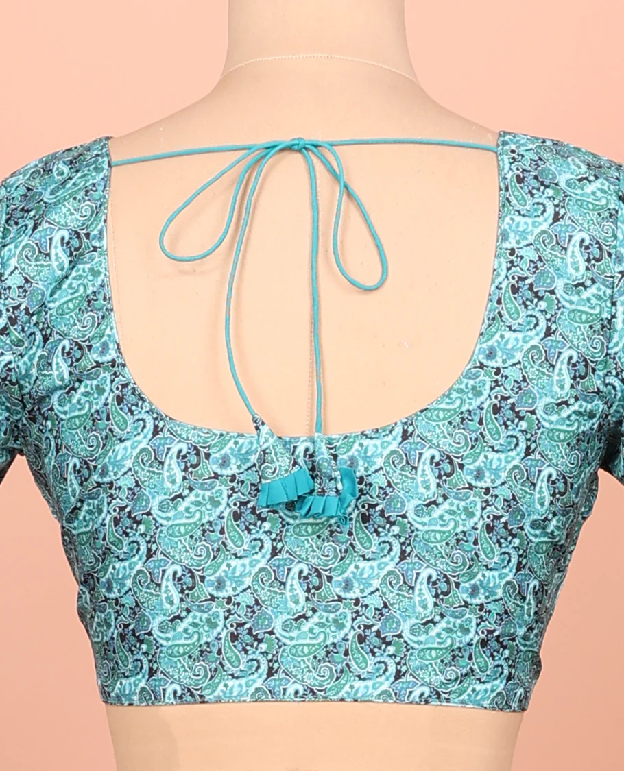 Blue Readymade Blouse Featuring Paisley Print, a Front Round-Neck, Back Round-Neck, and Elbow Sleeves - Image 4