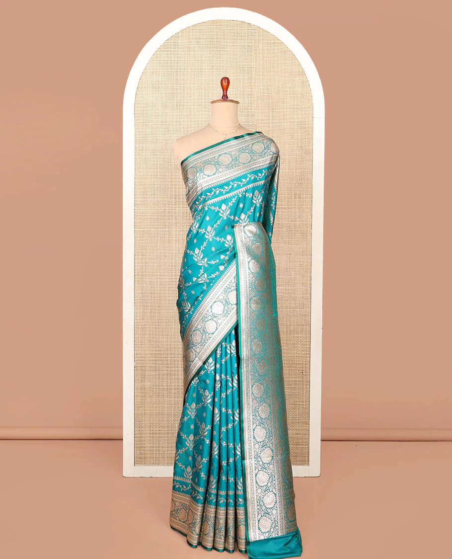 Blue Semi-Banaras Saree, Richly Detailed with Jaal Jacquard on Its Body, Highlighted by Floral Creeper Design Border, Intricately Designed Pallu, and Paired with a Contrast Blouse - Image 3