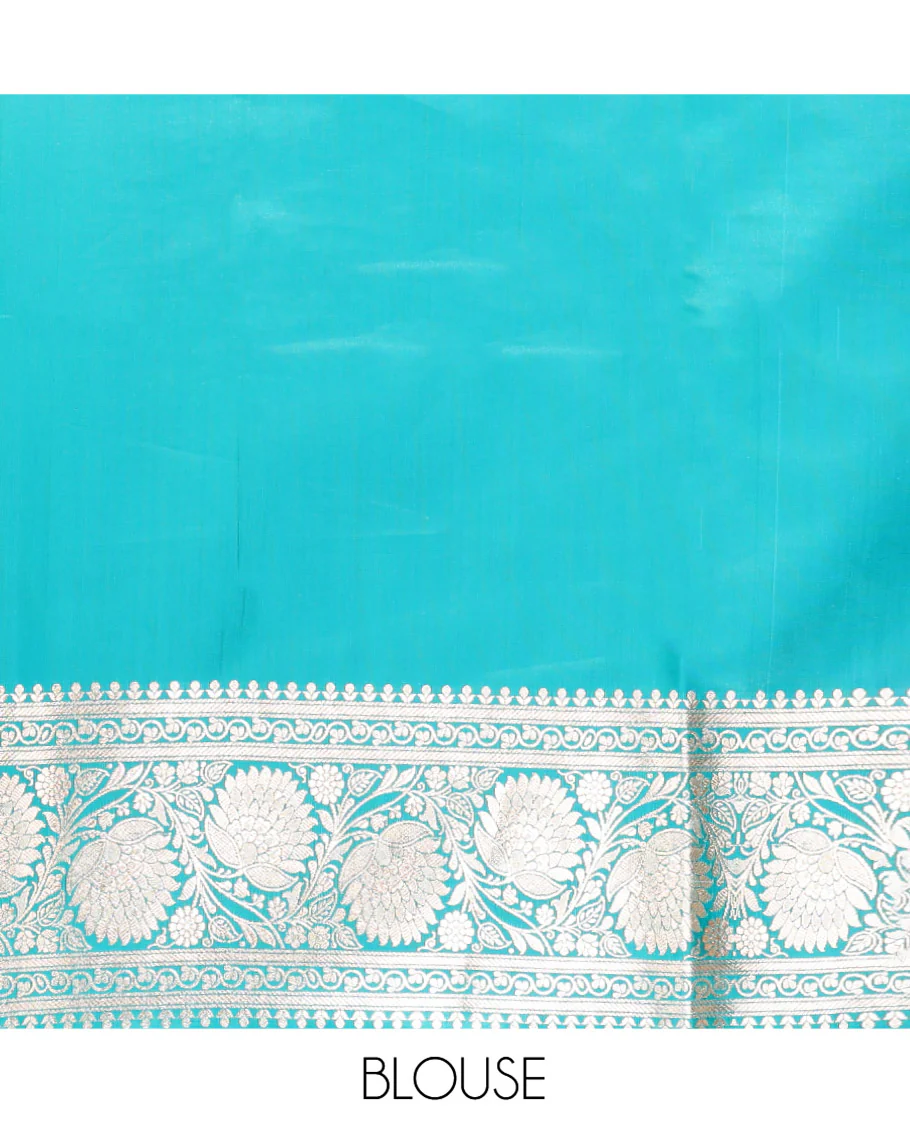 Blue Semi-Banaras Saree, Richly Detailed with Jaal Jacquard on Its Body, Highlighted by Floral Creeper Design Border, Intricately Designed Pallu, and Paired with a Contrast Blouse - Image 5