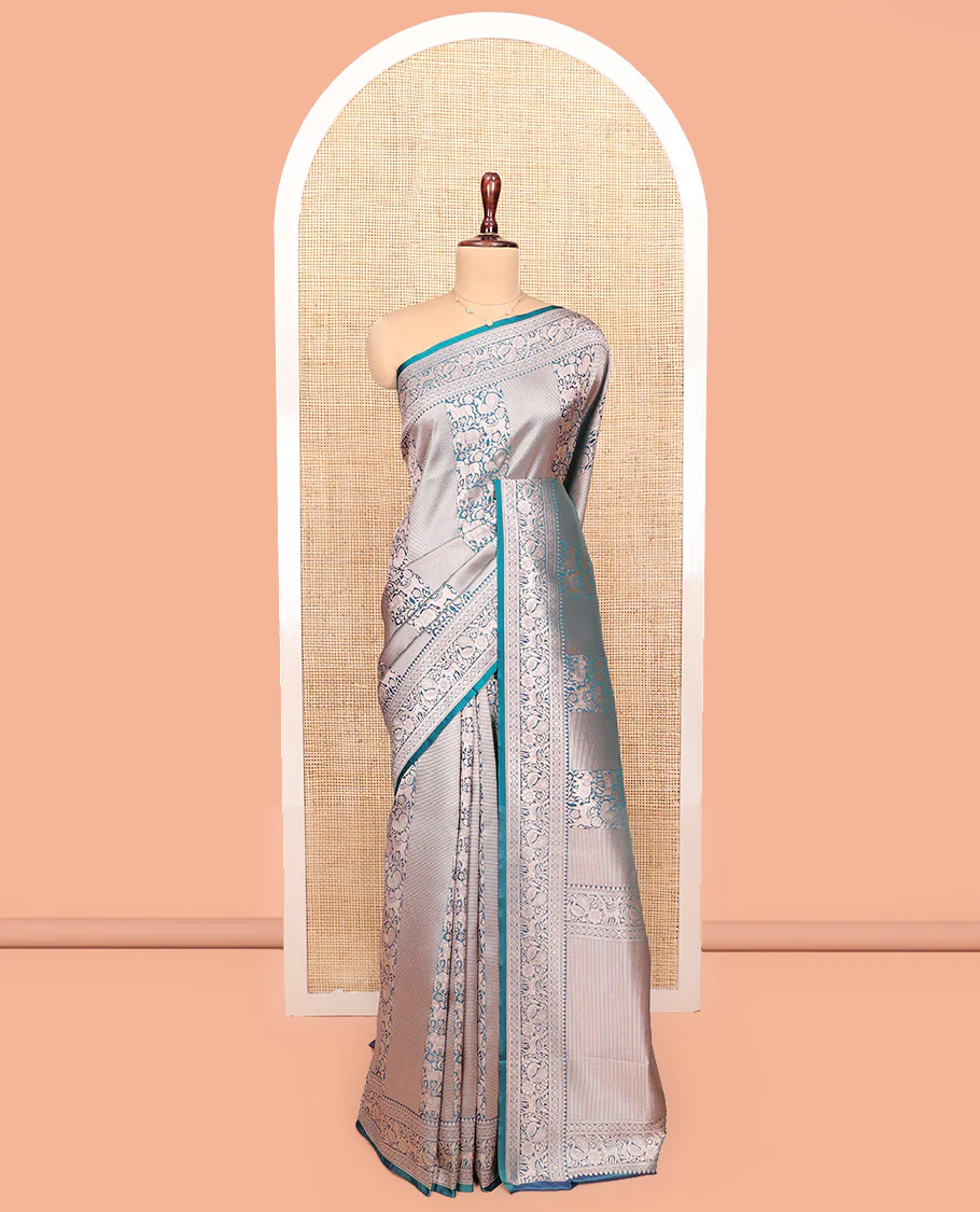 Blue Semi-Banaras Silk Saree, Opulently Embellished with Animal-themed Jacquard Designs on Its Body, Highlighted by a Zari Border of Traditional Designs, Pallu Steeped with Stripes, and Paired with a Matching Blouse - Image 3