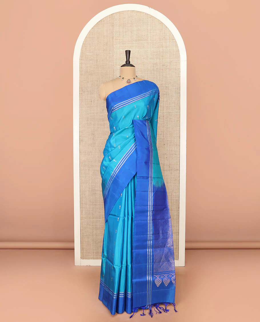 Blue Semi Uppada Saree Beautified with Zari Buttas, Complemented by a Contrasting Border, Pallu of Intricate Jaal Designs, and Paired with a Contrast Blouse - Image 3