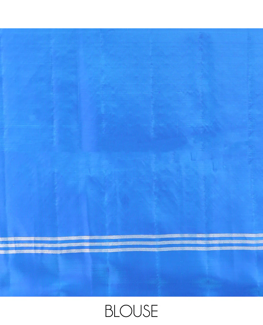 Blue Semi Uppada Saree Beautified with Zari Buttas, Complemented by a Contrasting Border, Pallu of Intricate Jaal Designs, and Paired with a Contrast Blouse - Image 4