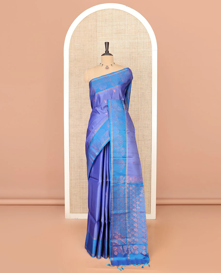 Blue Semi Uppada Saree Ornamented with Zari Buttas, Complemented by a Contrast Zari Woven Border, Pallu of Floral and Leaf Designs, and Paired with a Contrast Blouse - Image 3