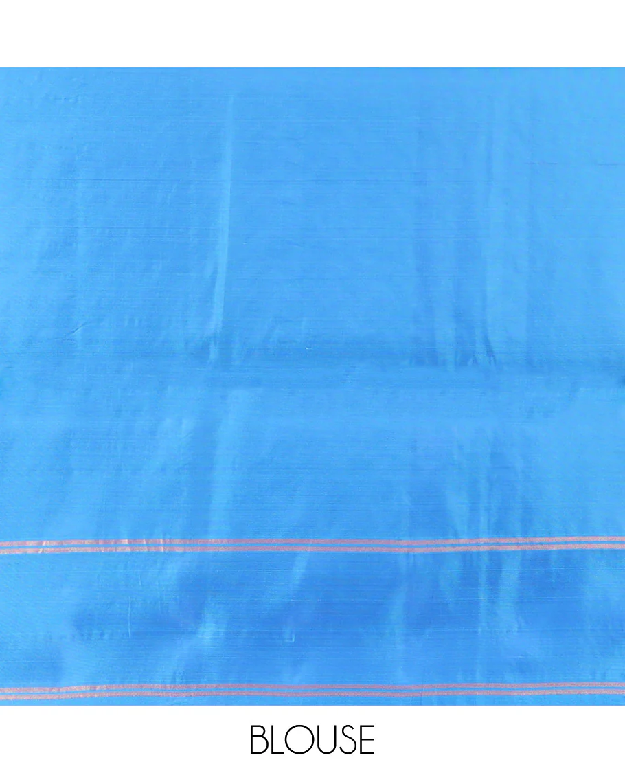 Blue Semi Uppada Saree Ornamented with Zari Buttas, Complemented by a Contrast Zari Woven Border, Pallu of Floral and Leaf Designs, and Paired with a Contrast Blouse - Image 4