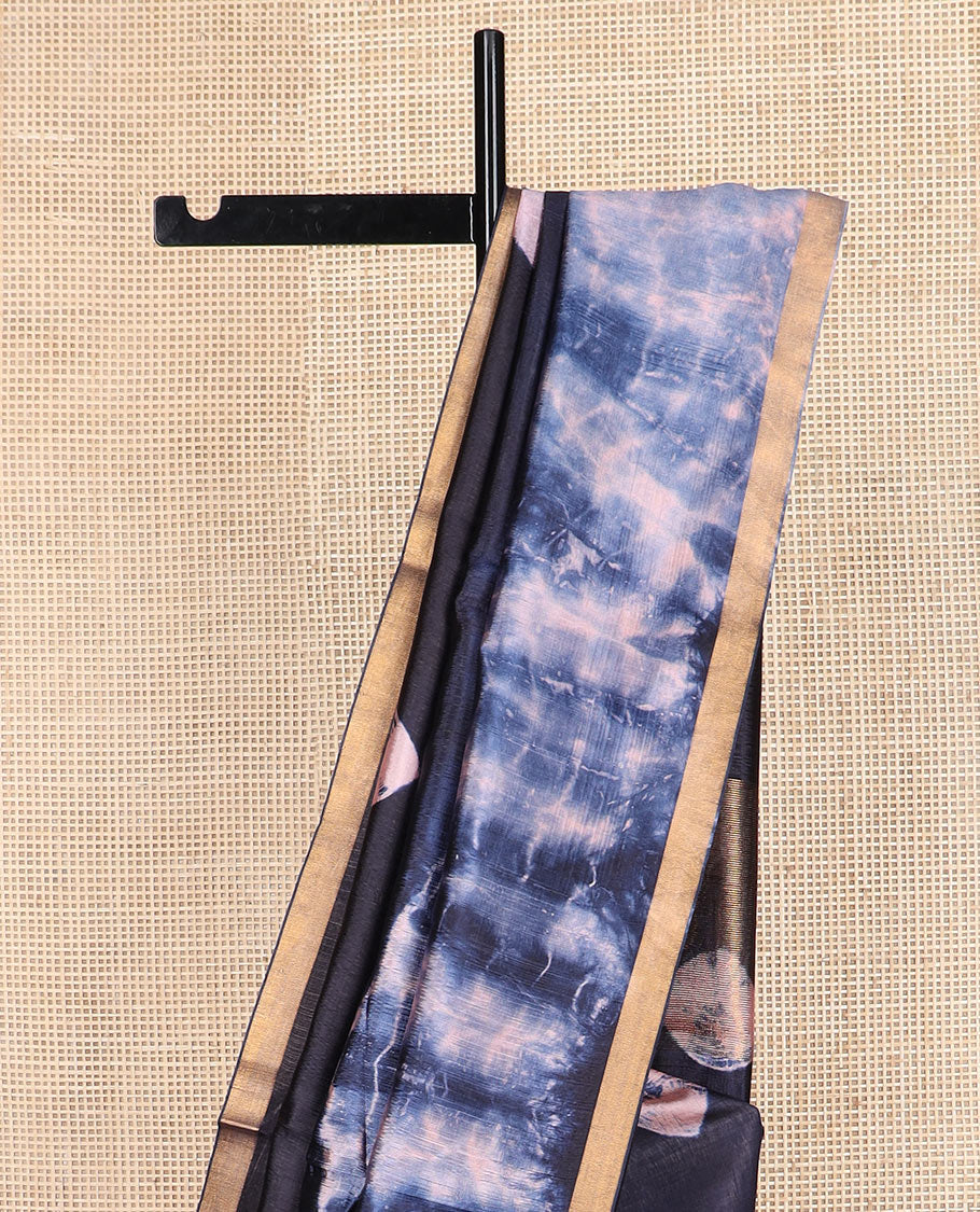 Blue shibori printed banana pith saree, zari piping border, and shibori printed pallu - Image 3