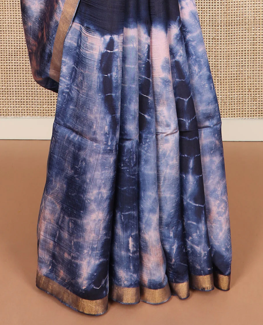 Blue shibori printed banana pith saree, zari piping border, and shibori printed pallu - Image 4