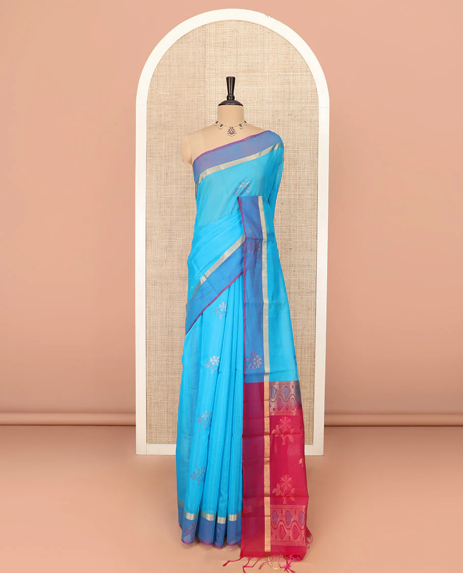 Blue Silk Cotton Saree Ornamented with Buttas All Over the Body, Complemented by a Contrast Floral Zari Motifs Border, Featuring a Contrast Pallu of Floral Zari Designs, and Paired with a Contrast Blouse - Image 3