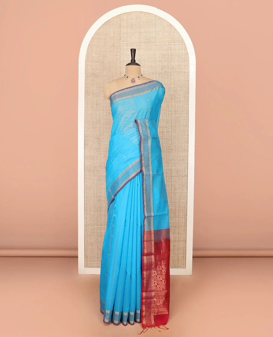 Blue Silk Cotton Saree Sparsely Sparkled with Zari Designs All Over the Body, Complemented by a Contrast Striped Border, Featuring a Contrast Pallu Steeped with Geometric Designs, and Paired with a Contrast Blouse - Image 3