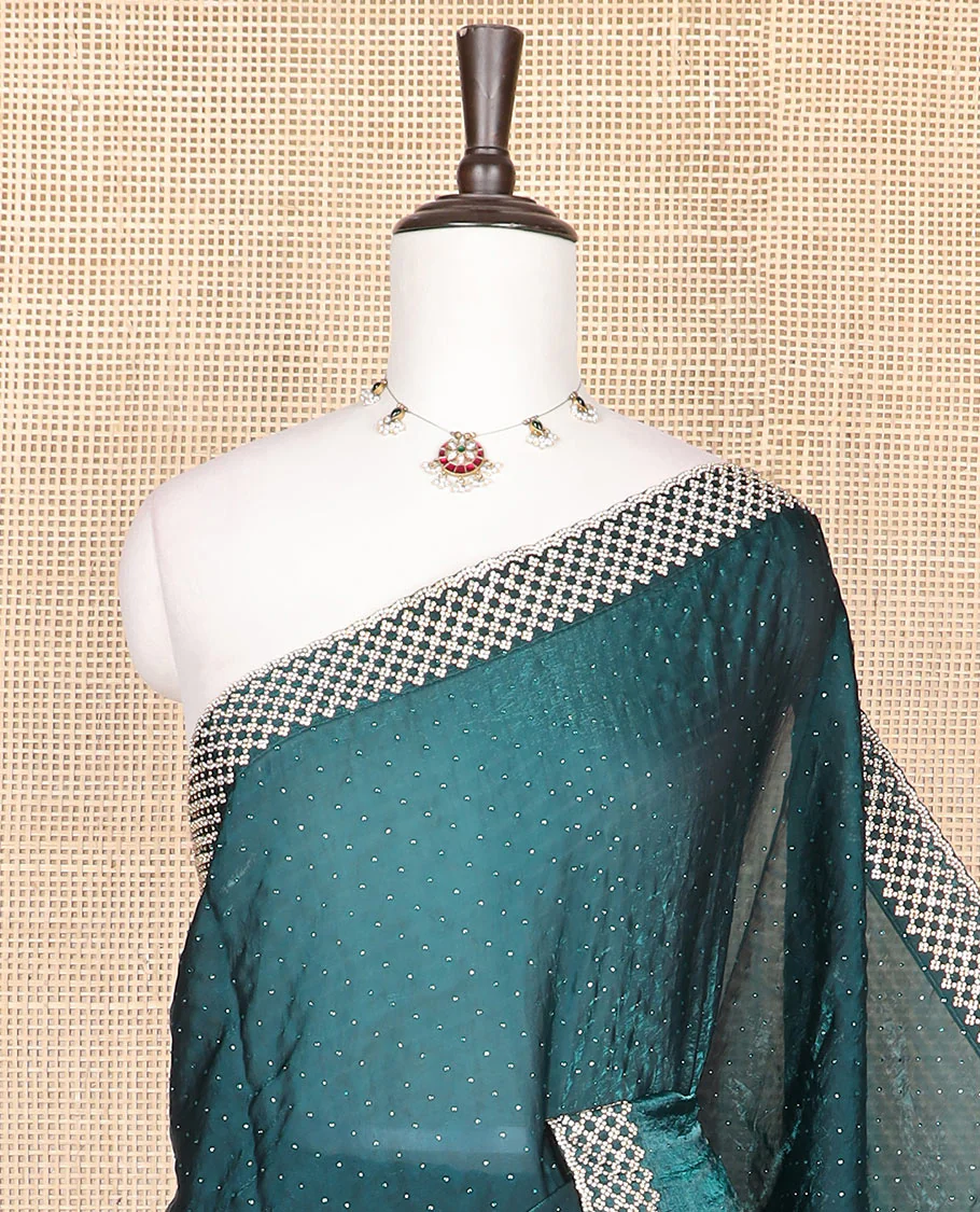 Blue Swarovski stone embroidered designer saree with stones embedded in its body, scallop stone work border - Image 2
