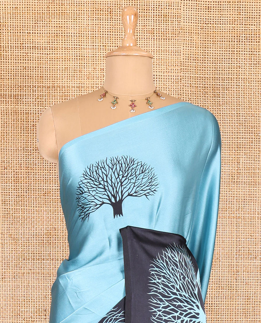 Blue tree motifs digitally printed Gajji silk saree with contrast printed border of upside down tree motifs, and contrast printed blouse - Image 3