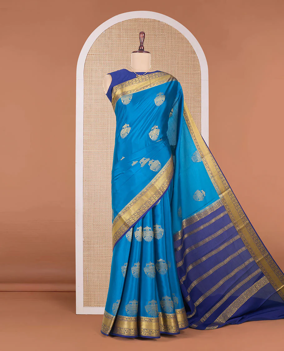 Blue two-headed eagle motifs zari woven Mysore silk saree, contrast traditional zari border, and zari design pallu - Image 2