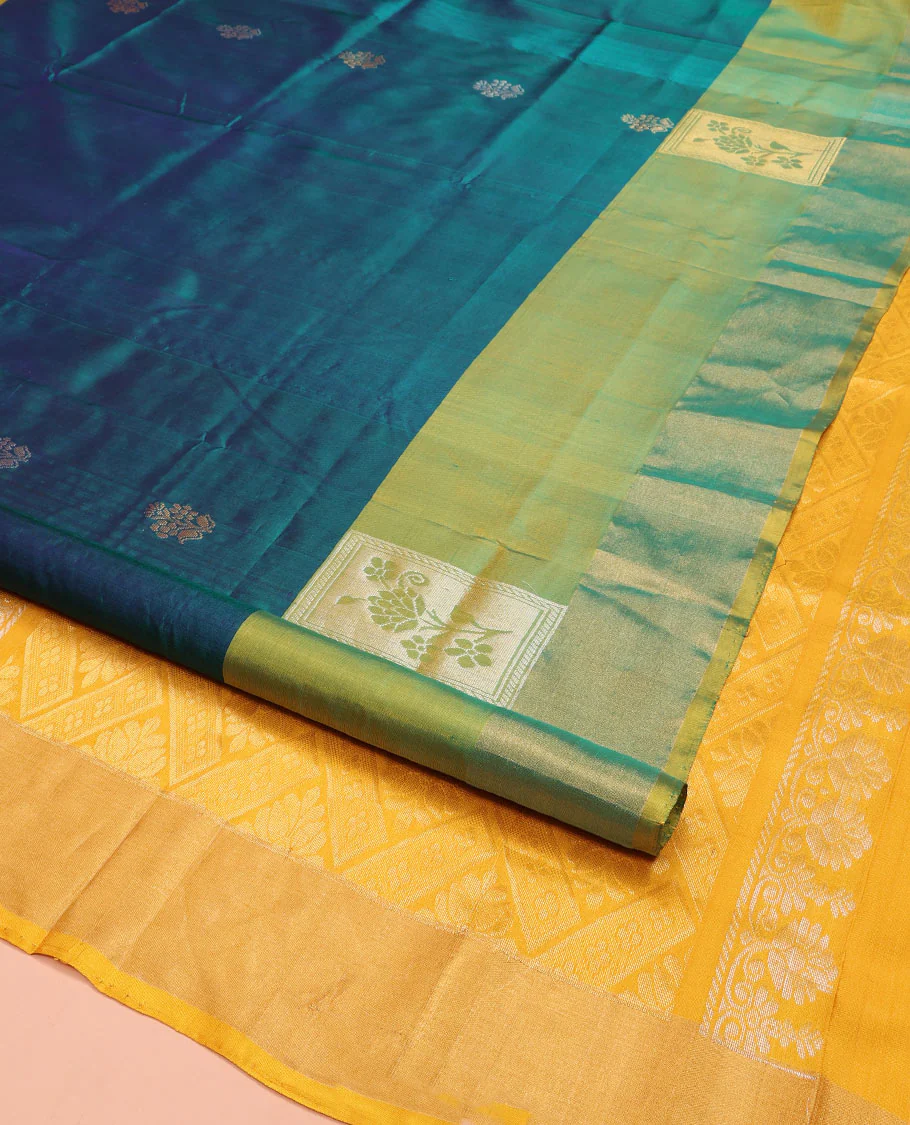 Blue Uppada Silk Saree Elevated with Floral Zari Buttas, Complemented by a Contrast Border of Floral Butta Enclosed Square Design, Pallu Decked Up with Intricate Designs, and Paired with a Contrast Blouse - Image 2