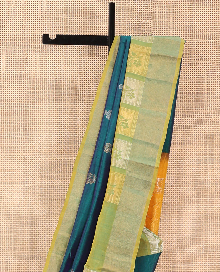 Blue Uppada Silk Saree Elevated with Floral Zari Buttas, Complemented by a Contrast Border of Floral Butta Enclosed Square Design, Pallu Decked Up with Intricate Designs, and Paired with a Contrast Blouse - Image 3