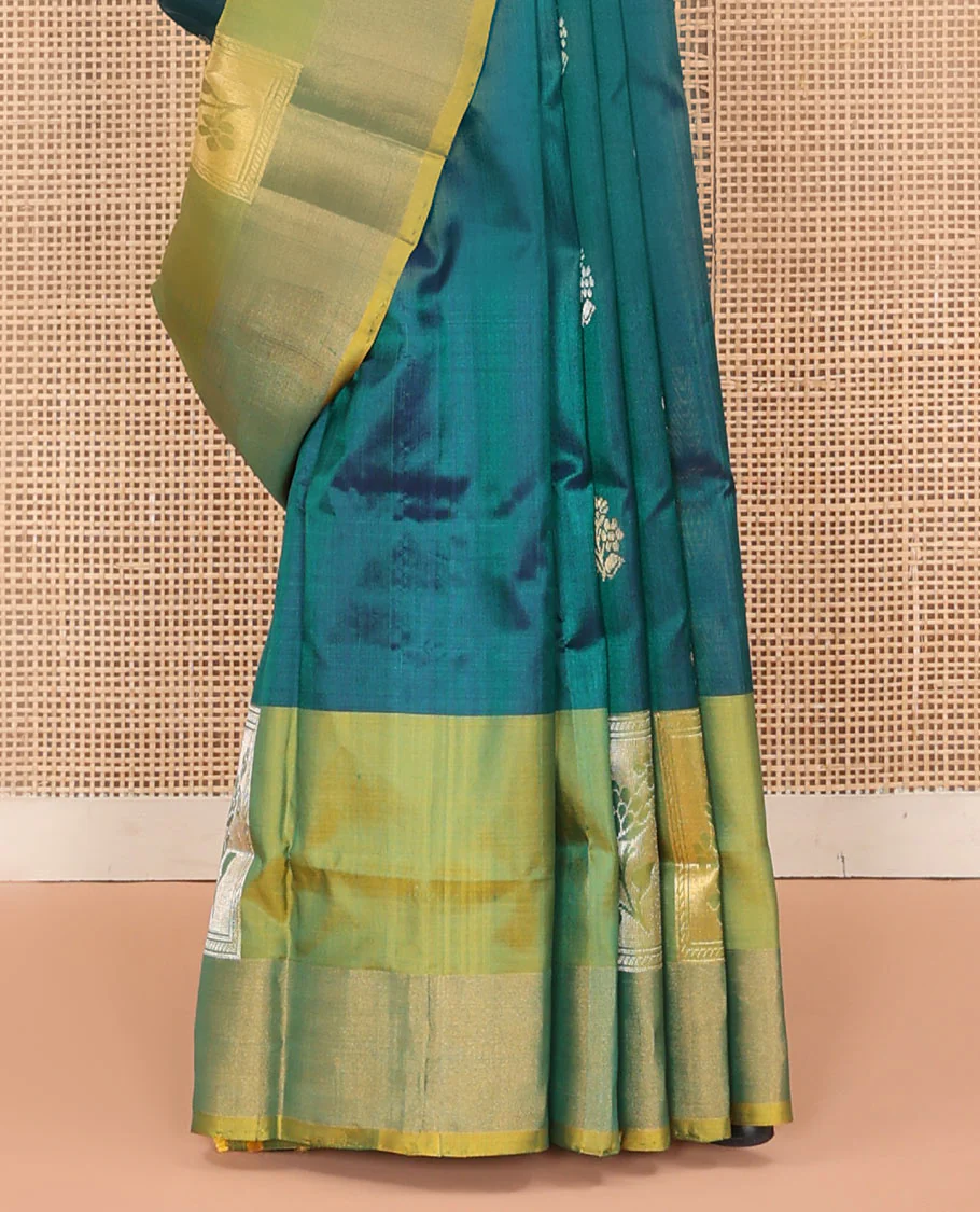 Blue Uppada Silk Saree Elevated with Floral Zari Buttas, Complemented by a Contrast Border of Floral Butta Enclosed Square Design, Pallu Decked Up with Intricate Designs, and Paired with a Contrast Blouse - Image 4