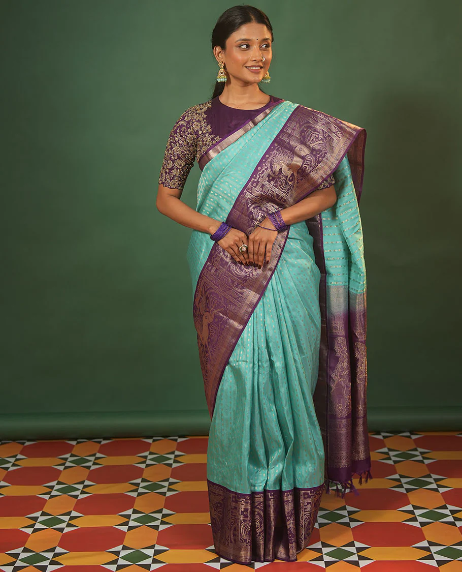 Blue varai oosai and rudraksham buttas Vasundhara silk saree, contrast kuthirai motifs zari woven border, and intricate pallu