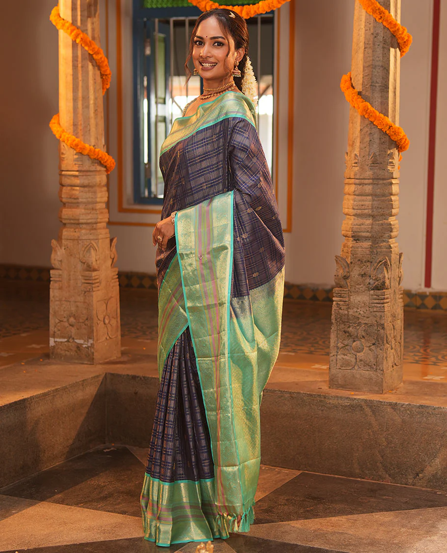 Blue Vasundhara Silk Saree, Adorned with Zari Buttas Enclosed Checks All Over Its Body, Complemented by a Contrast Border of Kathir, Muthu, and Rudraksham Designs, Grand Intricate Pallu, and Paired with a Contrast Blouse - Image 3