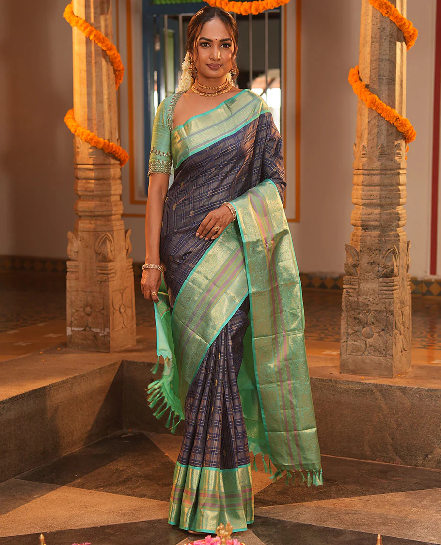 Blue Vasundhara Silk Saree, Adorned with Zari Buttas Enclosed Checks All Over Its Body, Complemented by a Contrast Border of Kathir, Muthu, and Rudraksham Designs, Grand Intricate Pallu, and Paired with a Contrast Blouse - Image 4