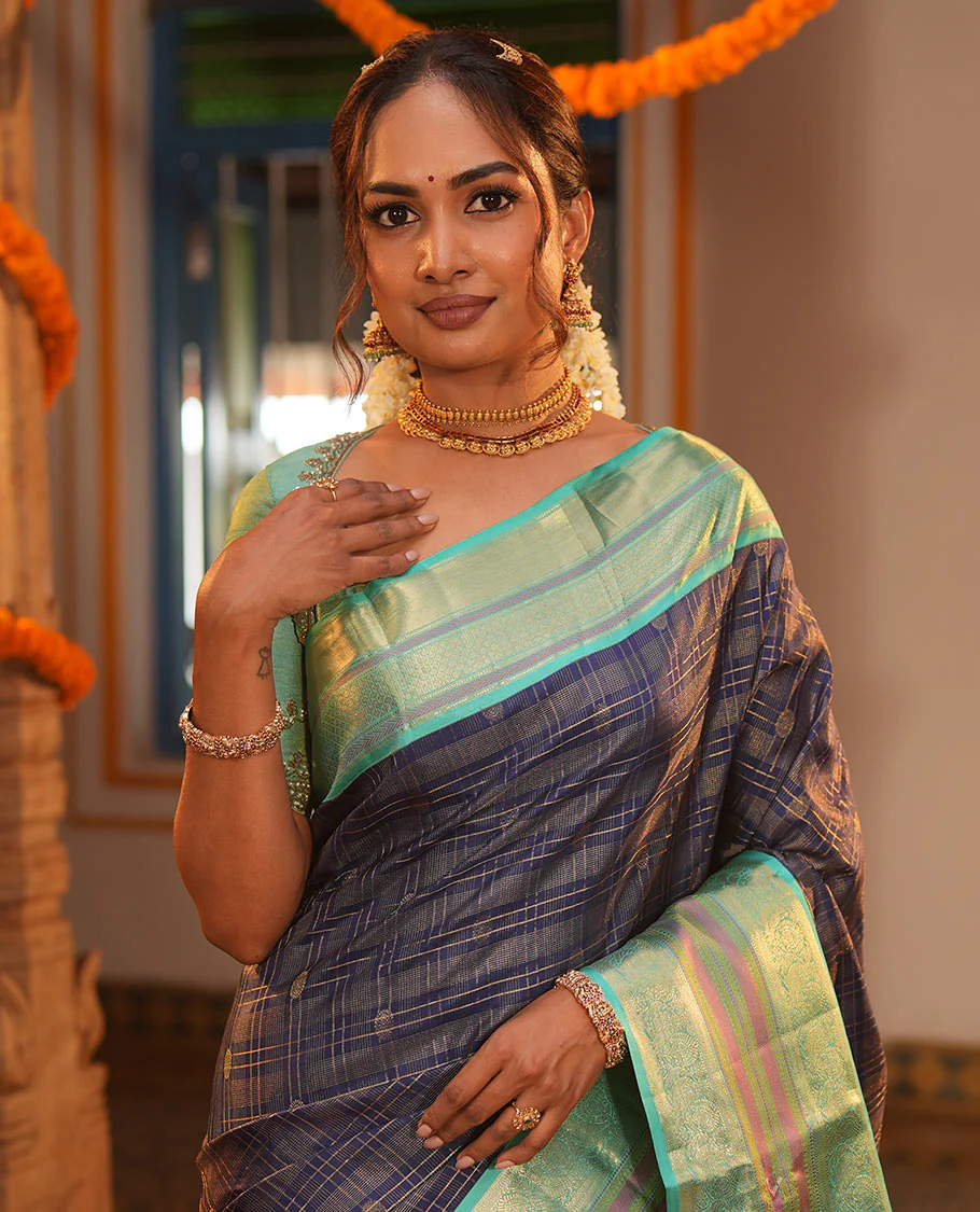 Blue Vasundhara Silk Saree, Adorned with Zari Buttas Enclosed Checks All Over Its Body, Complemented by a Contrast Border of Kathir, Muthu, and Rudraksham Designs, Grand Intricate Pallu, and Paired with a Contrast Blouse - Image 5