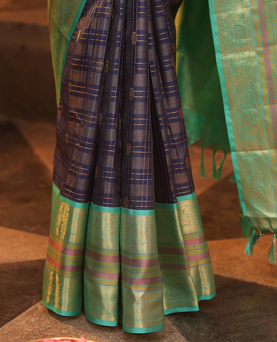 Blue Vasundhara Silk Saree, Adorned with Zari Buttas Enclosed Checks All Over Its Body, Complemented by a Contrast Border of Kathir, Muthu, and Rudraksham Designs, Grand Intricate Pallu, and Paired with a Contrast Blouse - Image 6