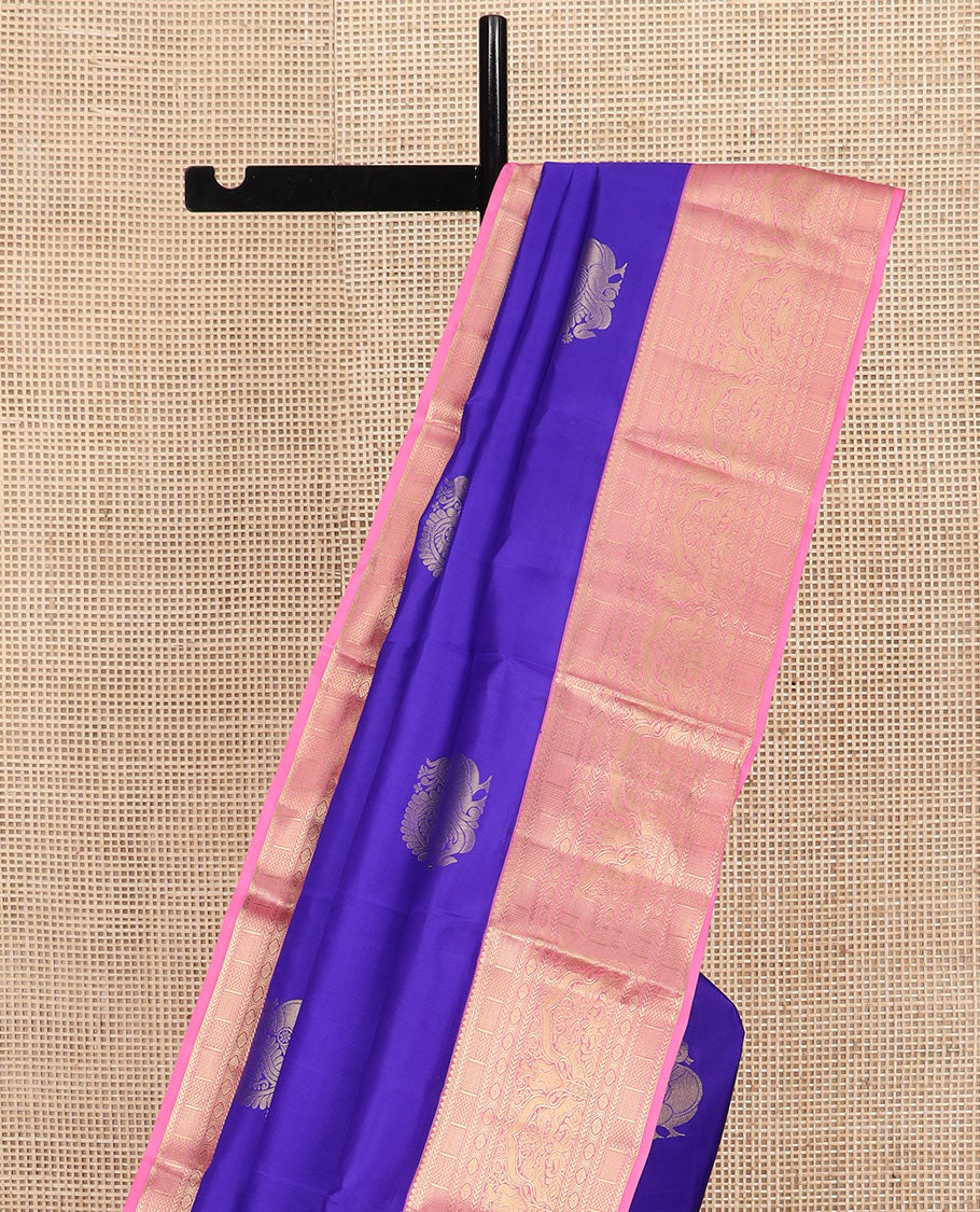 Blue Vasundhara Silk Saree Prettified with Mayil Buttas, Complemented by a Contrast Border of Thilakam, Kathir, Kuyil Kann, Laddu Kamalam, Iru Thalai Pakshi, and Yaali Designs, Pallu Adorned with Geometric Designs, and Paired with a Contrast Blouse - Image 3