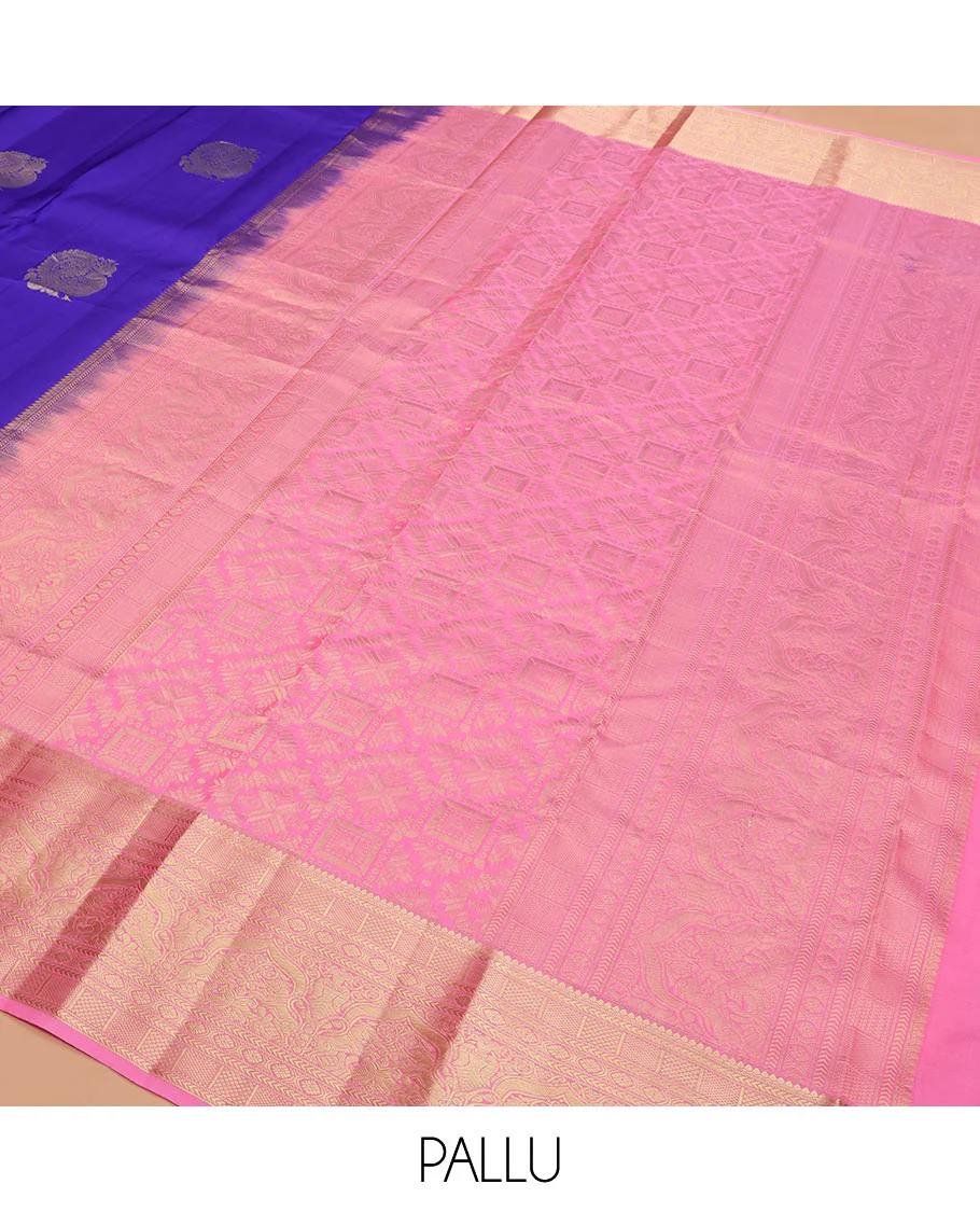 Blue Vasundhara Silk Saree Prettified with Mayil Buttas, Complemented by a Contrast Border of Thilakam, Kathir, Kuyil Kann, Laddu Kamalam, Iru Thalai Pakshi, and Yaali Designs, Pallu Adorned with Geometric Designs, and Paired with a Contrast Blouse - Image 5