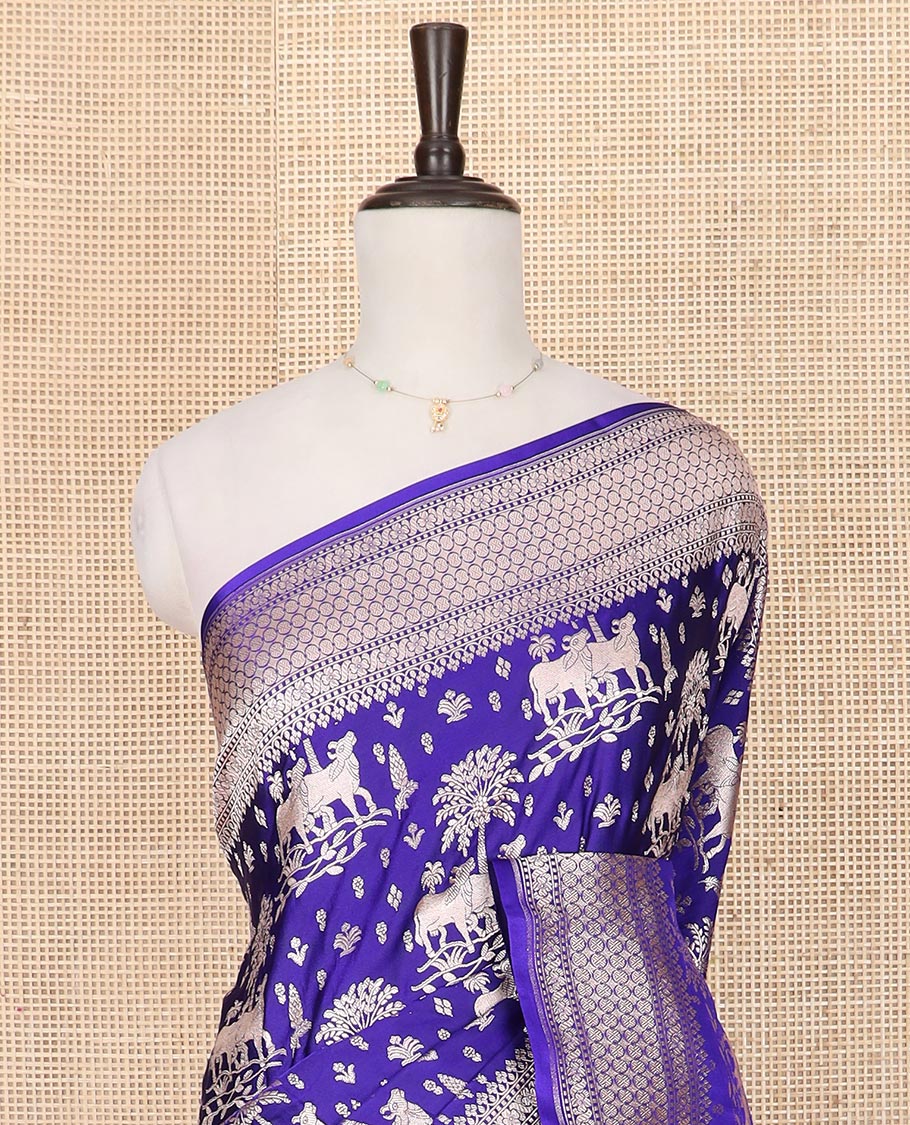 Blue zari buttas and Pichwai cow buttas mushru silk saree, traditional design border, and zari-rich jaal pallu - Image 3