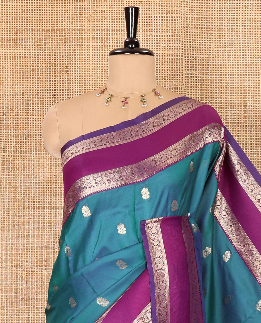 Blue zari buttas kanchi soft silk saree, contrast manga and peacock motifs woven rettai pettu border, ogee patterned pallu, and a zari design blouse - Image 2