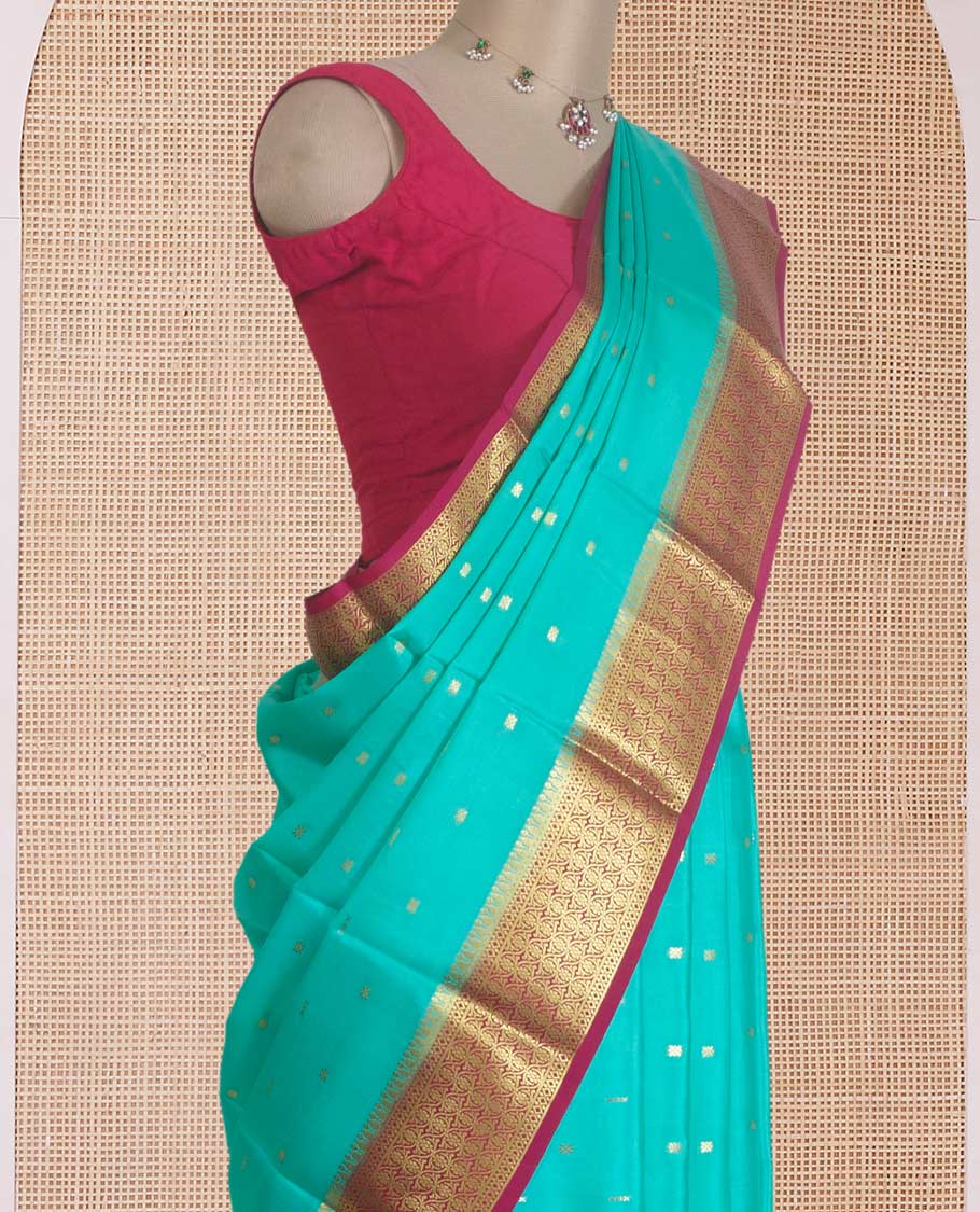 Green zari buttas Mysore silk saree, contrast floral design border, and pallu of jaal design - Image 3