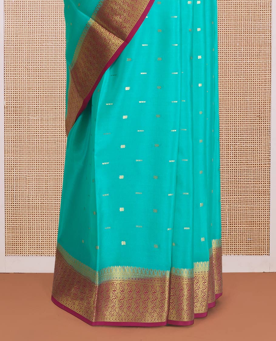 Green zari buttas Mysore silk saree, contrast floral design border, and pallu of jaal design - Image 4