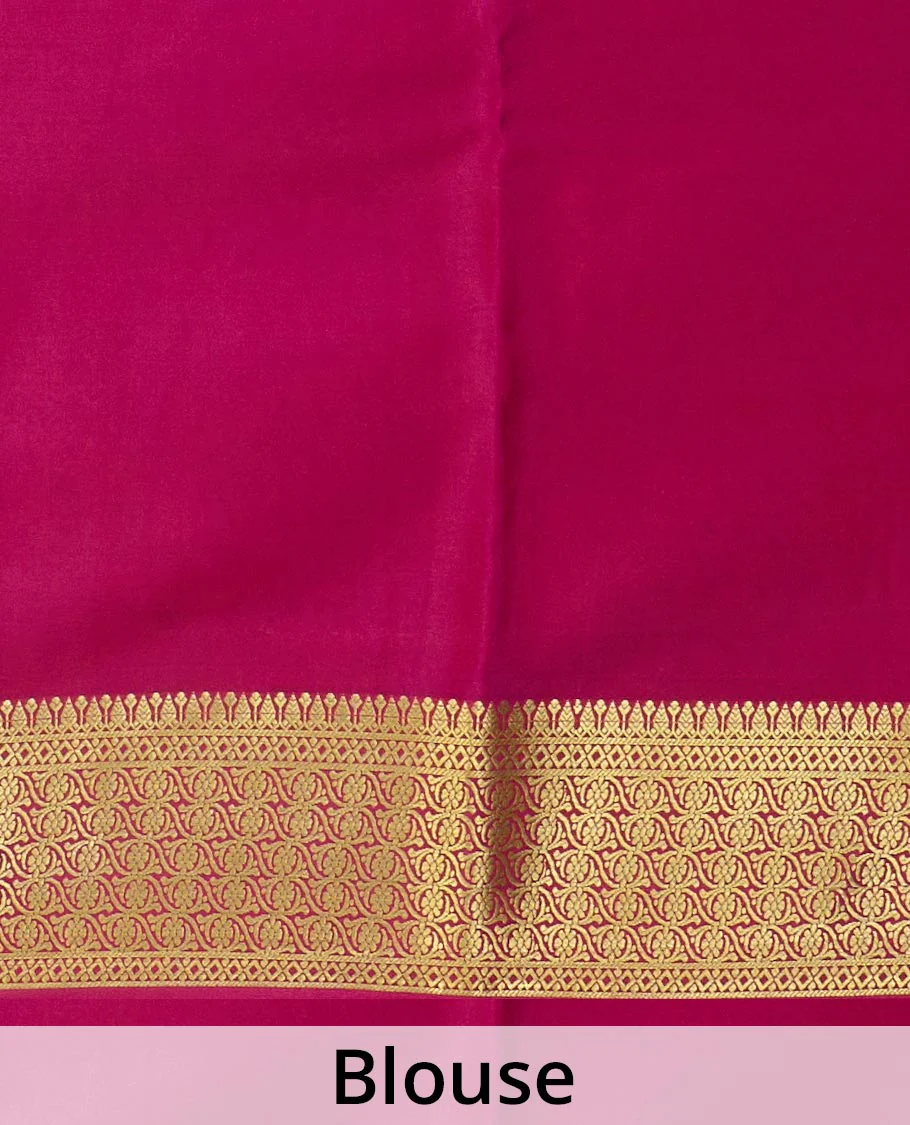 Green zari buttas Mysore silk saree, contrast floral design border, and pallu of jaal design - Image 5