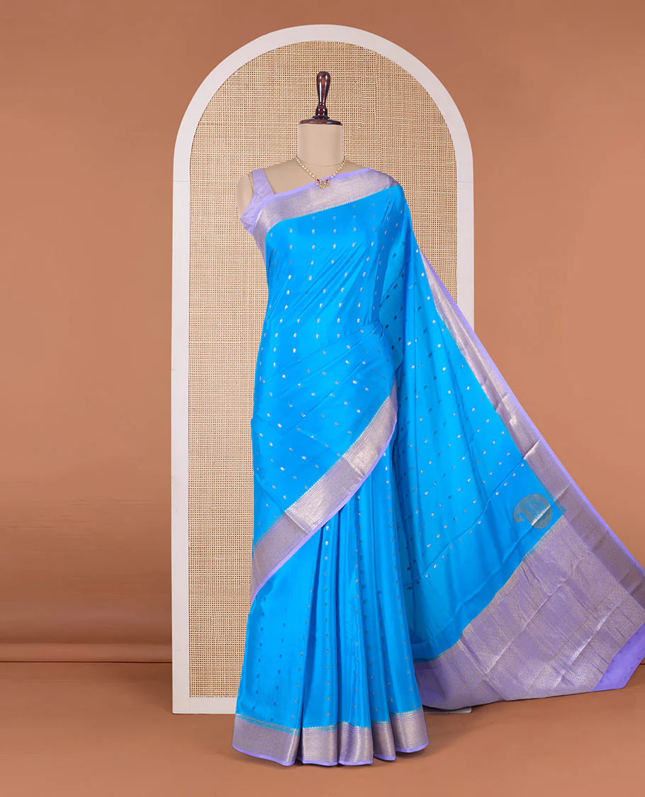 Blue zari buttas Mysore silk saree, contrast traditional zari border, and zari rich jaal pallu - Image 2