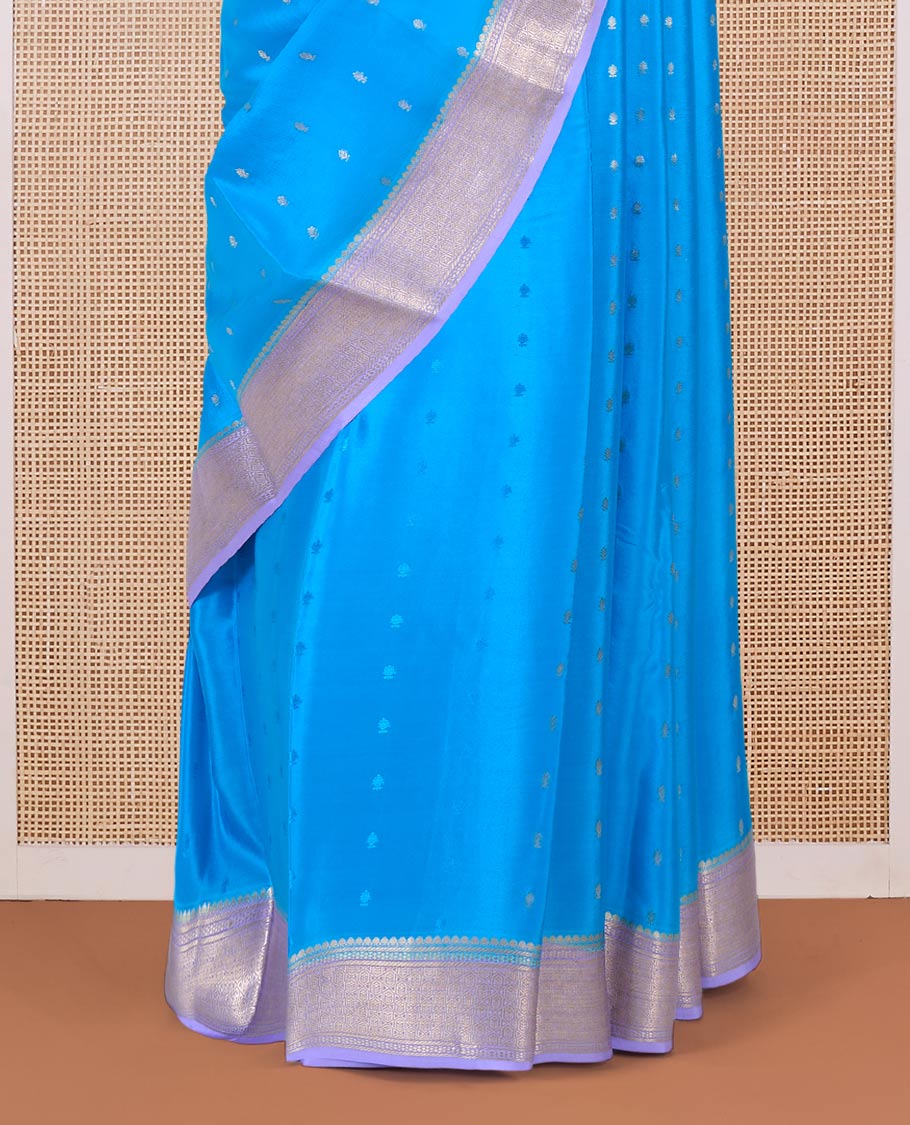 Blue zari buttas Mysore silk saree, contrast traditional zari border, and zari rich jaal pallu - Image 5