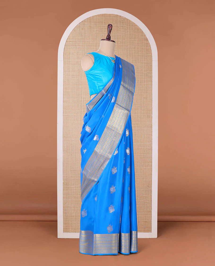 Blue zari buttas Mysore silk saree, traditional zari border, and pallu
