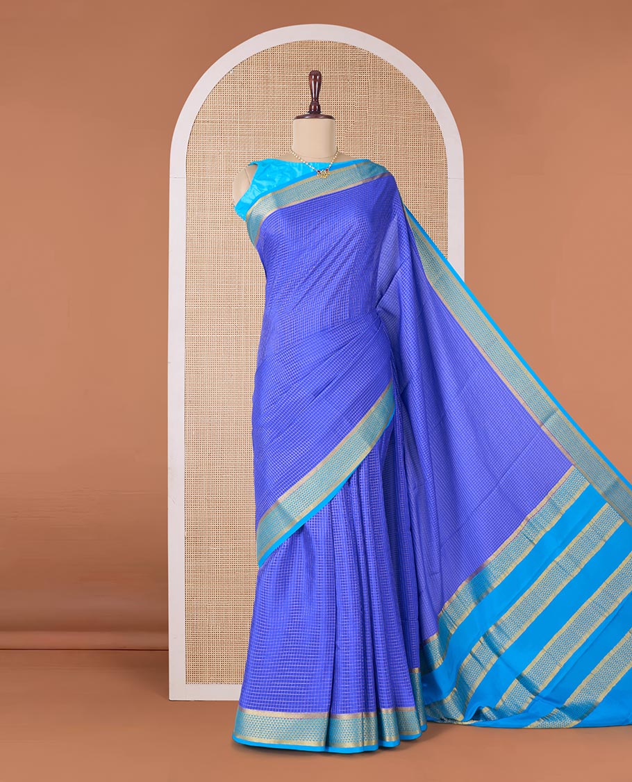 Blue zari checked Mysore silk saree, contrast jaal zari border, and zari striped pallu - Image 2