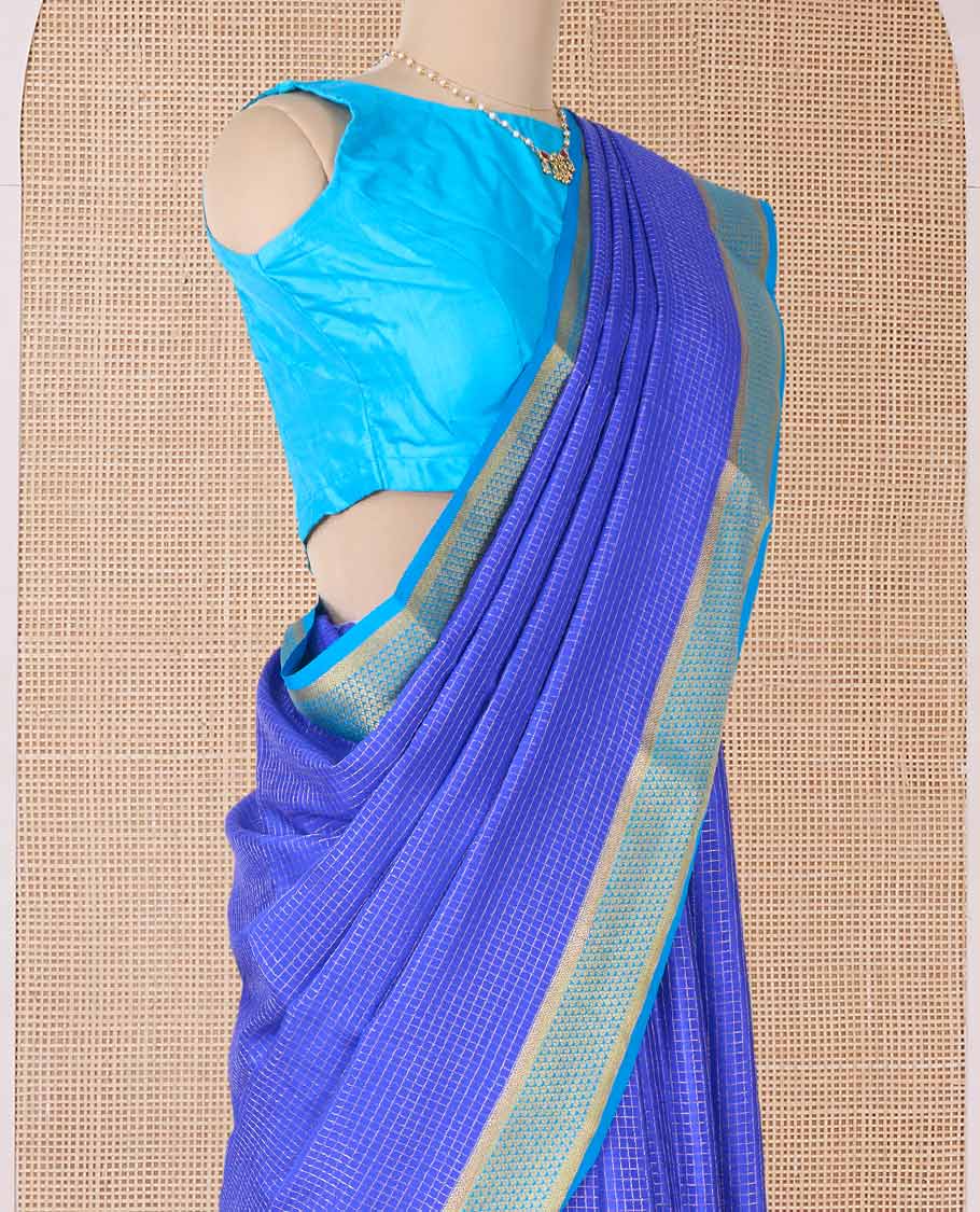 Blue zari checked Mysore silk saree, contrast jaal zari border, and zari striped pallu - Image 3