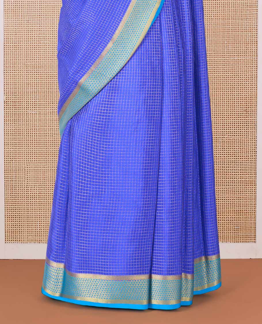 Blue zari checked Mysore silk saree, contrast jaal zari border, and zari striped pallu - Image 4