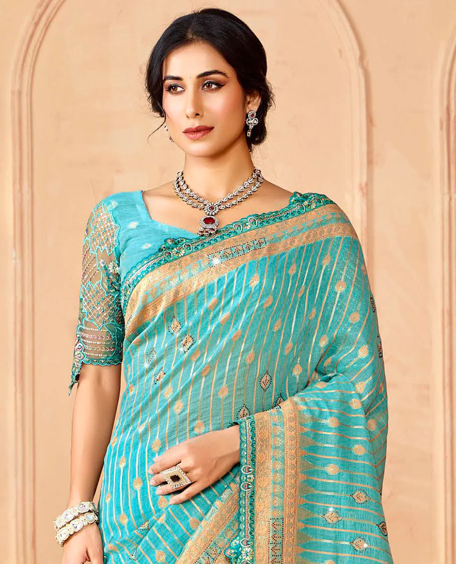 Blue zari striped and micro-stone work designer saree, embroidered scallop border, and pallu of intricate designs and stone work - Image 2