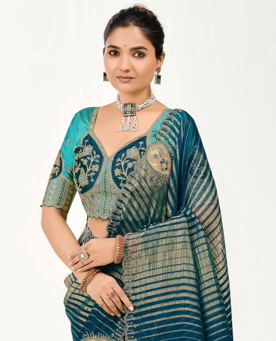 Blue Zari Striped with Drop Motifs, Patch-Embroidered Designer Saree, Stone-Work Border, Self-Pallu, and a Contrast Embroidered Blouse - Image 2