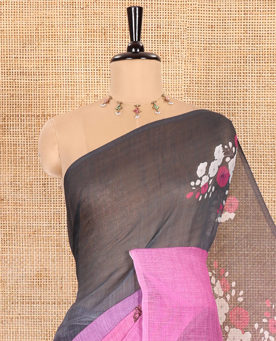 Borderless Baby Pink Linen Cotton Saree Enthralled with Nature-Theme Print Featuring the Sun, Trees, and Birds All Over the Saree, Paired with a Striped Blouse - Image 2
