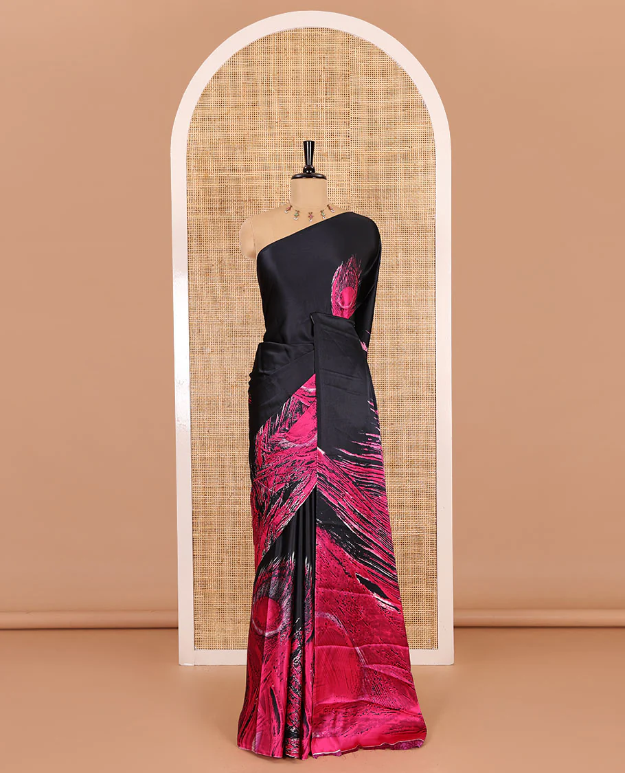 Borderless black and rani peacock feathers style abstract printed Gajji silk saree, peacock feathers printed pallu, and a contrast printed blouse - Image 2