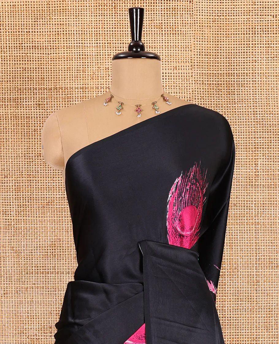 Borderless black and rani peacock feathers style abstract printed Gajji silk saree, peacock feathers printed pallu, and a contrast printed blouse - Image 3