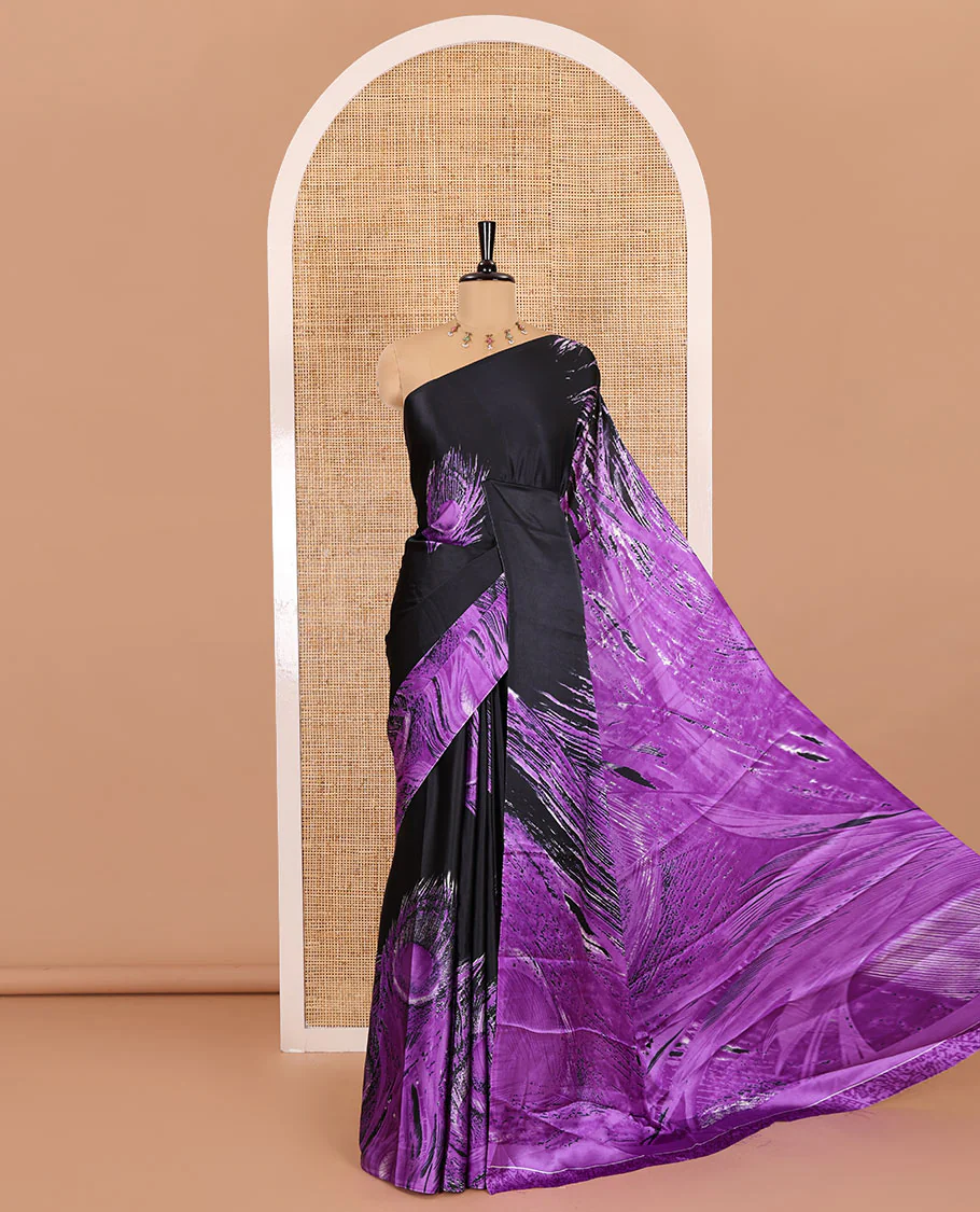 Borderless black and violet peacock feathers style abstract printed Gajji silk saree, peacock feathers printed pallu, and a contrast printed blouse