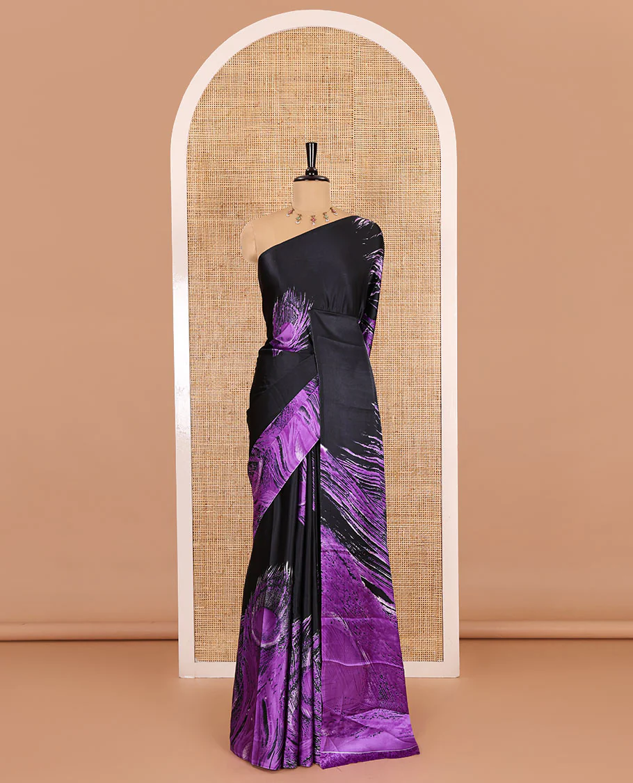 Borderless black and violet peacock feathers style abstract printed Gajji silk saree, peacock feathers printed pallu, and a contrast printed blouse - Image 2