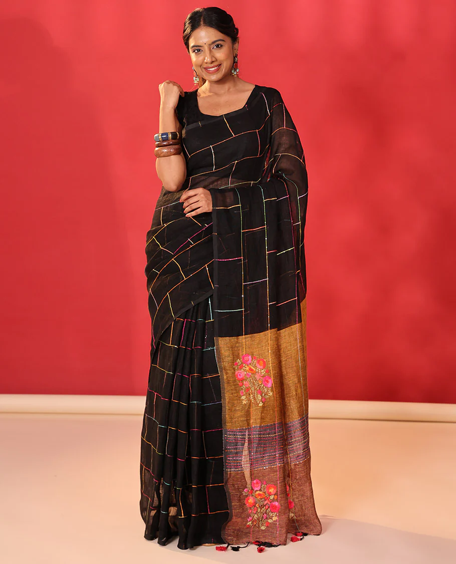 Borderless black checked linen cotton saree, contrast pallu of colorful floral motifs - Image 4