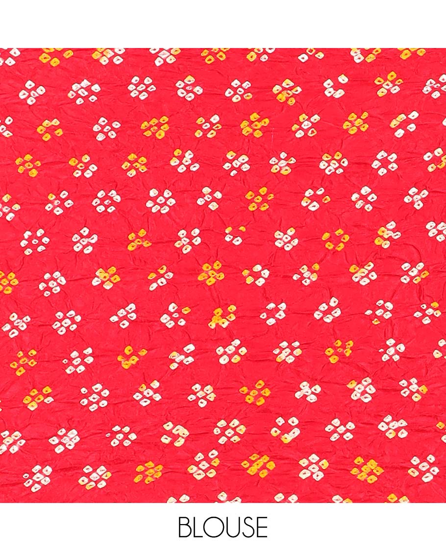 Borderless black dots enclosed big circle motifs bandhani silk saree, butta enclosed thick zari checked gharchola pallu - Image 3
