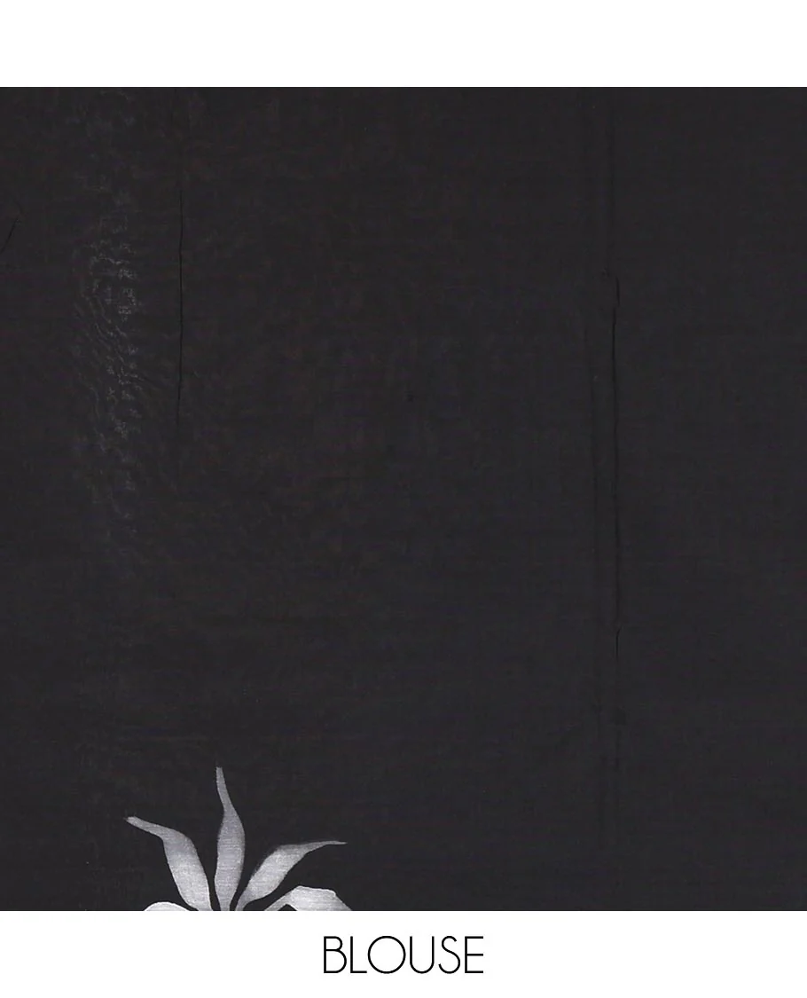 Borderless black floral and dragonfly motifs printed South cotton saree, printed pallu, and a matching floral printed blouse - Image 4