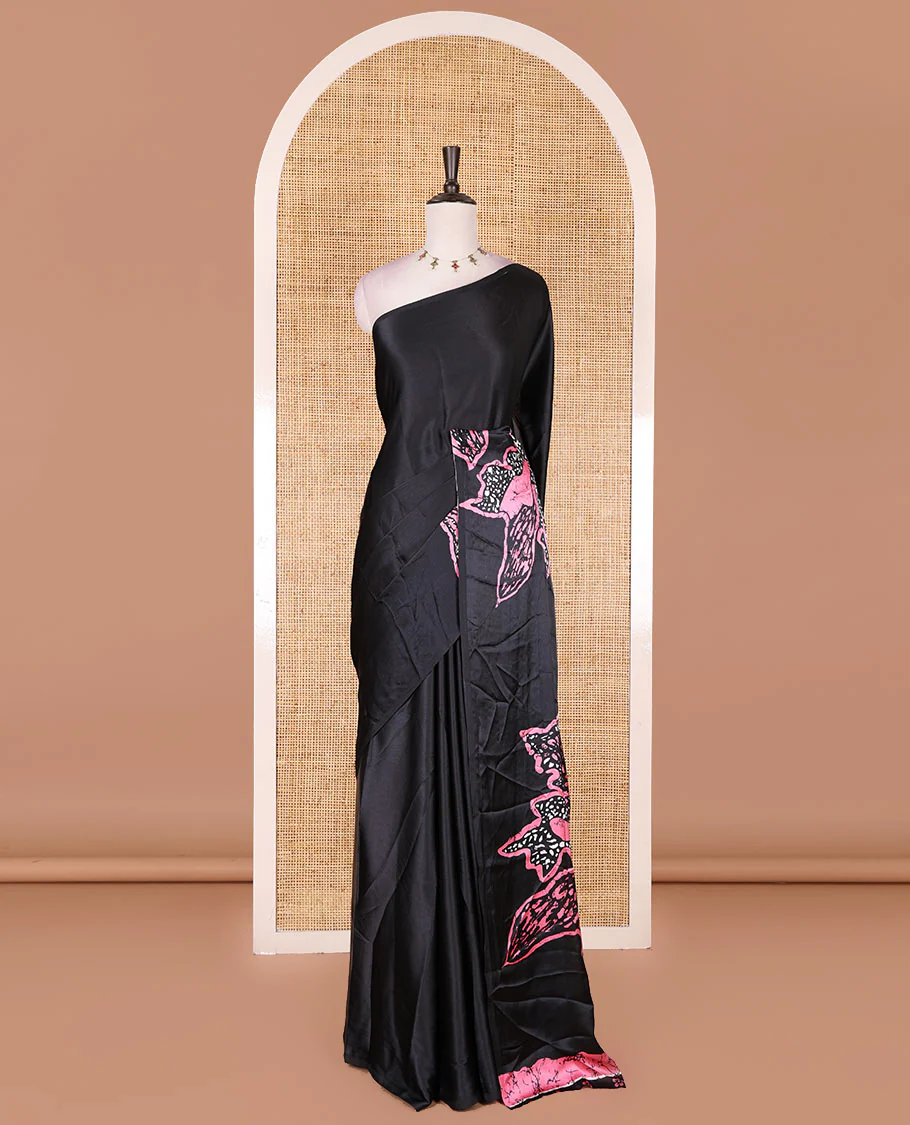 Borderless black-light pink batik style abstract digital printed satin crepe saree with blouse of small buttas - Image 2