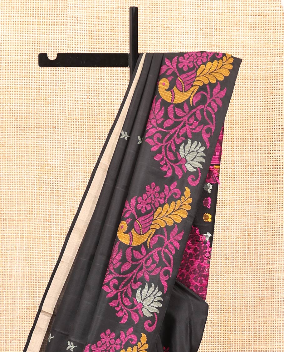 Borderless Black Mayuri Soft Silk Saree, Adorned with Thread Buttas and Mayil Designs All Over Its Body, Pallu Depicts Floral-Peacock Designs, and Paired with a Matching Blouse - Image 3