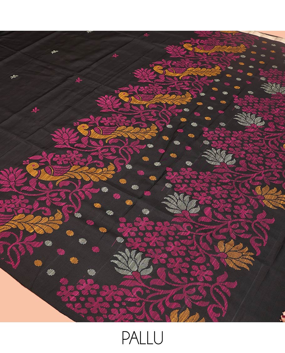 Borderless Black Mayuri Soft Silk Saree, Adorned with Thread Buttas and Mayil Designs All Over Its Body, Pallu Depicts Floral-Peacock Designs, and Paired with a Matching Blouse - Image 5